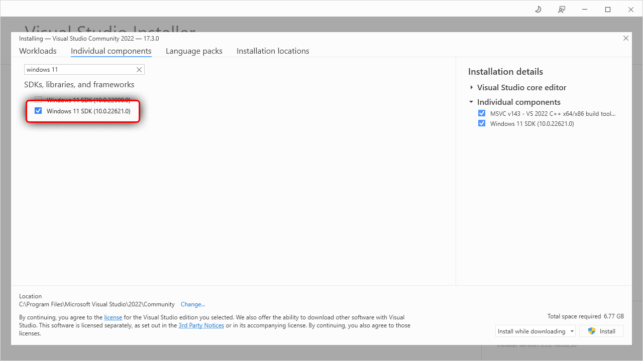 选择Windows 11 SDK组件